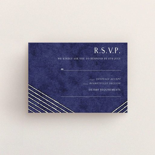 Wedding RSVP Card Design Design - "In the Navy" A wedding rsvp card design called "In the Navy". It is an A7 card in a landscape orientation. "In the Navy" is available as a flat card, with tones of navy blue and white.
