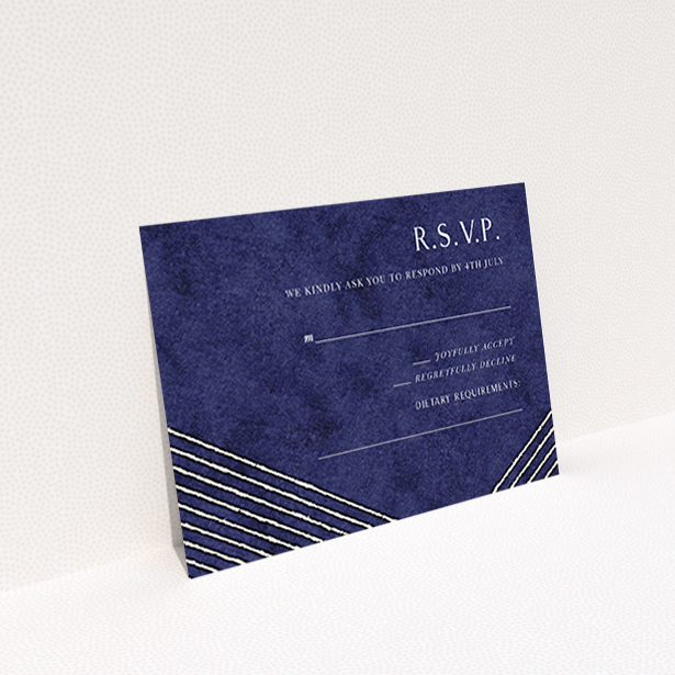 A wedding rsvp card design called "In the Navy". It is an A7 card in a landscape orientation. "In the Navy" is available as a flat card, with tones of navy blue and white.