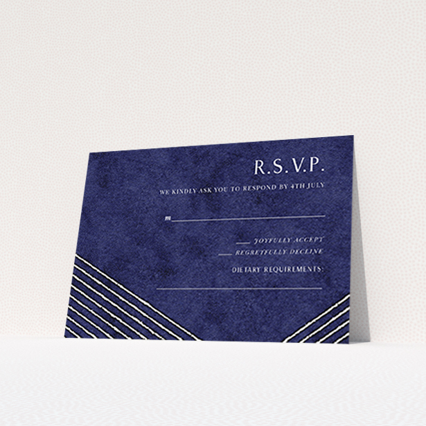 A wedding rsvp card design called "In the Navy". It is an A7 card in a landscape orientation. "In the Navy" is available as a flat card, with tones of navy blue and white.