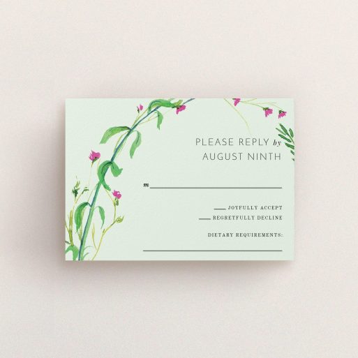 Wedding RSVP Card Design Design - "Jungle collection" A wedding rsvp card named "Jungle collection". It is an A7 card in a landscape orientation. "Jungle collection" is available as a flat card, with mainly green colouring.