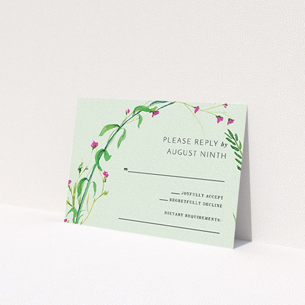 A wedding rsvp card named "Jungle collection". It is an A7 card in a landscape orientation. "Jungle collection" is available as a flat card, with mainly green colouring.