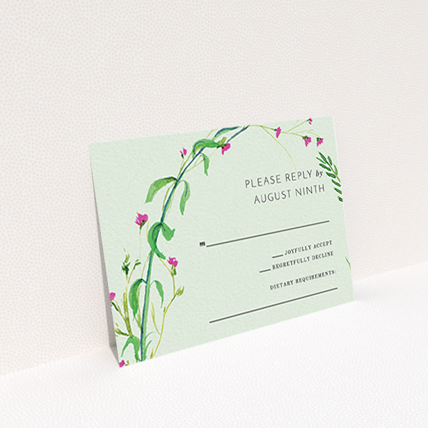 A wedding rsvp card named "Jungle collection". It is an A7 card in a landscape orientation. "Jungle collection" is available as a flat card, with mainly green colouring.