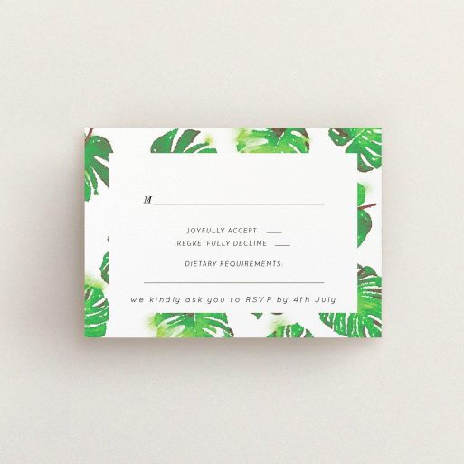 Wedding RSVP Card Design Design - "Jungle Sky" A wedding rsvp card design titled "Jungle Sky". It is an A7 card in a landscape orientation. "Jungle Sky" is available as a flat card, with tones of green and white.