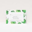 A wedding rsvp card design titled "Jungle Sky". It is an A7 card in a landscape orientation. "Jungle Sky" is available as a flat card, with tones of green and white.