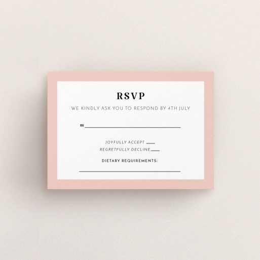 Wedding Response Card - Lines With A Thick Border (Pink) A wedding rsvp card design titled "Lines with a thick border". It is an A7 card in a landscape orientation. "Lines with a thick border" is available as a flat card, with tones of pink and white.
