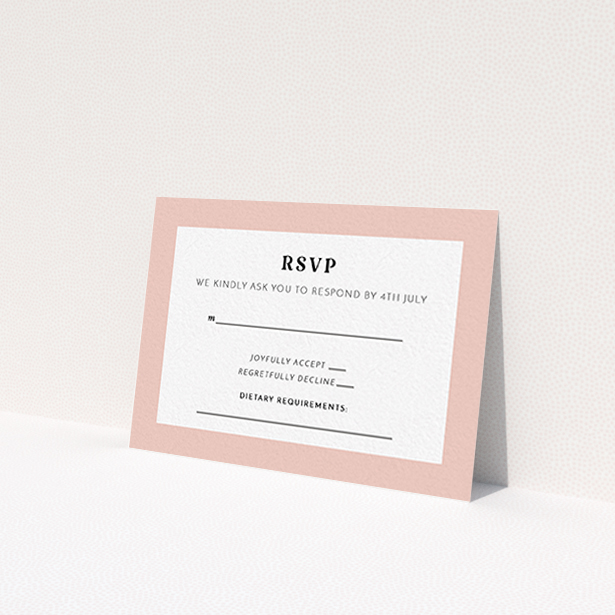 A wedding rsvp card design titled 'Lines with a thick border'. It is an A7 card in a landscape orientation. 'Lines with a thick border' is available as a flat card, with tones of pink and white.