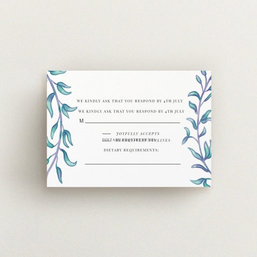 Wedding RSVP Card Design Design - "Marine Wreath" A wedding rsvp card named "Marine Wreath". It is an A7 card in a landscape orientation. "Marine Wreath" is available as a flat card, with tones of blue and green.