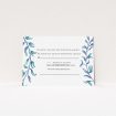 A wedding rsvp card named "Marine Wreath". It is an A7 card in a landscape orientation. "Marine Wreath" is available as a flat card, with tones of blue and green.