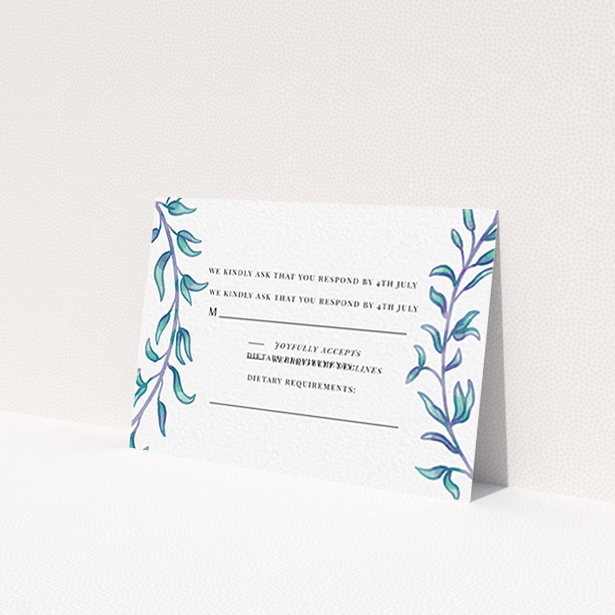 A wedding rsvp card named 'Marine Wreath'. It is an A7 card in a landscape orientation. 'Marine Wreath' is available as a flat card, with tones of blue and green.