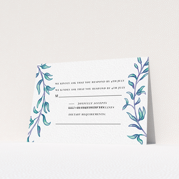 A wedding rsvp card named "Marine Wreath". It is an A7 card in a landscape orientation. "Marine Wreath" is available as a flat card, with tones of blue and green.