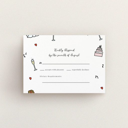 Wedding RSVP Card Design Design - "Matrimonial Doodles" A wedding rsvp card template titled "Matrimonial Doodles". It is an A7 card in a landscape orientation. "Matrimonial Doodles" is available as a flat card, with tones of white and green.