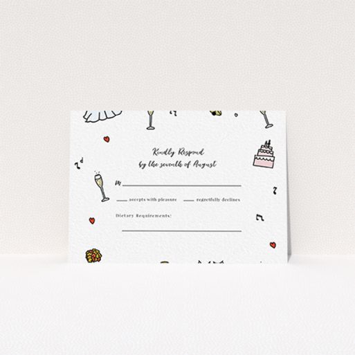A wedding rsvp card template titled "Matrimonial Doodles". It is an A7 card in a landscape orientation. "Matrimonial Doodles" is available as a flat card, with tones of white and green.