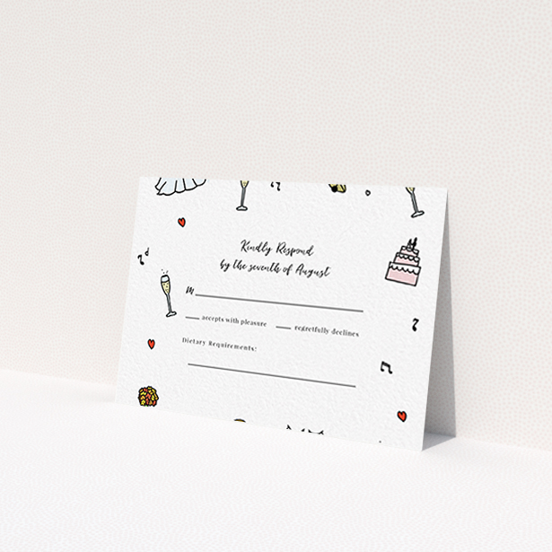 A wedding rsvp card template titled 'Matrimonial Doodles'. It is an A7 card in a landscape orientation. 'Matrimonial Doodles' is available as a flat card, with tones of white and green.
