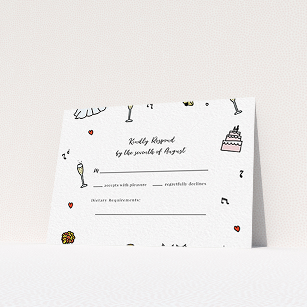 A wedding rsvp card template titled "Matrimonial Doodles". It is an A7 card in a landscape orientation. "Matrimonial Doodles" is available as a flat card, with tones of white and green.