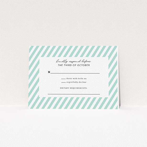 A wedding rsvp card template titled "Mint Diagonals". It is an A7 card in a landscape orientation. "Mint Diagonals" is available as a flat card, with tones of green and white.