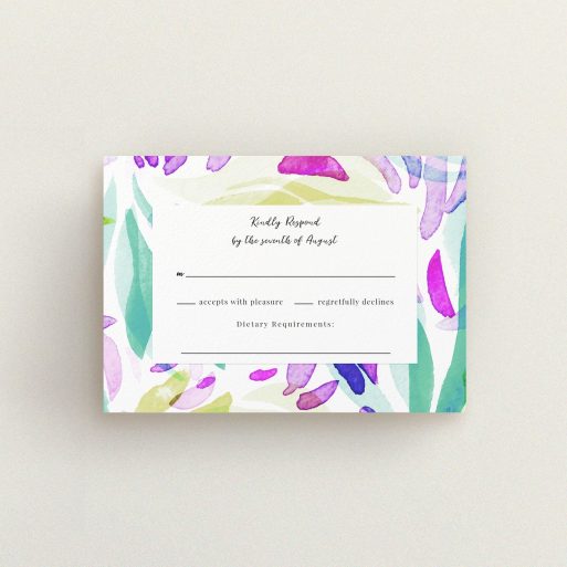 Wedding RSVP Card Design Design - "Neon Florals" A wedding rsvp card design called "Neon Florals". It is an A7 card in a landscape orientation. "Neon Florals" is available as a flat card, with tones of white, green and pink.
