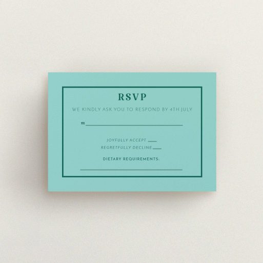 Wedding Rsvp Card - Olive Branch Stamp (Green) A wedding rsvp card named "Olive branch stamp". It is an A7 card in a landscape orientation. "Olive branch stamp" is available as a flat card, with mainly green colouring.