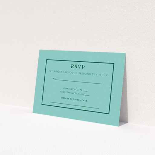 A wedding rsvp card named 'Olive branch stamp'. It is an A7 card in a landscape orientation. 'Olive branch stamp' is available as a flat card, with mainly green colouring.