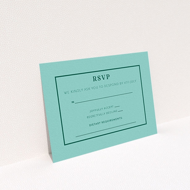 A wedding rsvp card named "Olive branch stamp". It is an A7 card in a landscape orientation. "Olive branch stamp" is available as a flat card, with mainly green colouring.