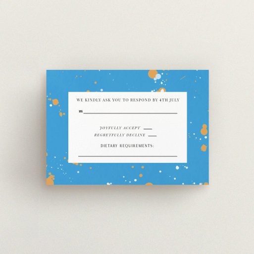 Wedding RSVP Card Design Design - "Orange Splatters" A wedding rsvp card design named "Orange Splatters". It is an A7 card in a landscape orientation. "Orange Splatters" is available as a flat card, with tones of light blue and orange.