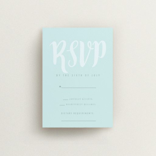 Wedding RSVP Card Design Design - "Pastel Blue Typography" A wedding rsvp card template titled "Pastel Blue Typography". It is an A7 card in a portrait orientation. "Pastel Blue Typography" is available as a flat card, with tones of blue and green.