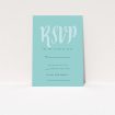 A wedding rsvp card template titled "Pastel Blue Typography". It is an A7 card in a portrait orientation. "Pastel Blue Typography" is available as a flat card, with tones of blue and green.