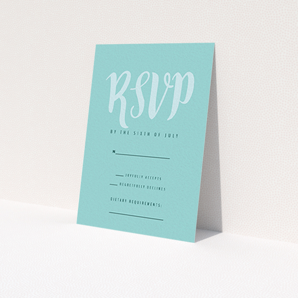 A wedding rsvp card template titled 'Pastel Blue Typography'. It is an A7 card in a portrait orientation. 'Pastel Blue Typography' is available as a flat card, with tones of blue and green.