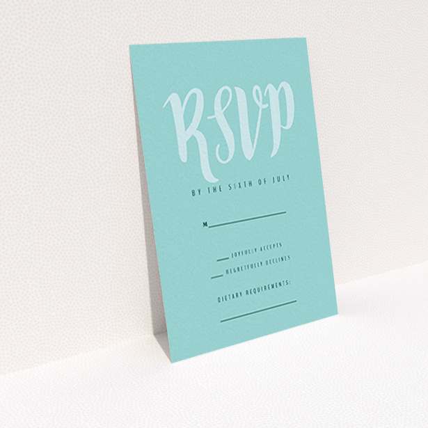 A wedding rsvp card template titled "Pastel Blue Typography". It is an A7 card in a portrait orientation. "Pastel Blue Typography" is available as a flat card, with tones of blue and green.