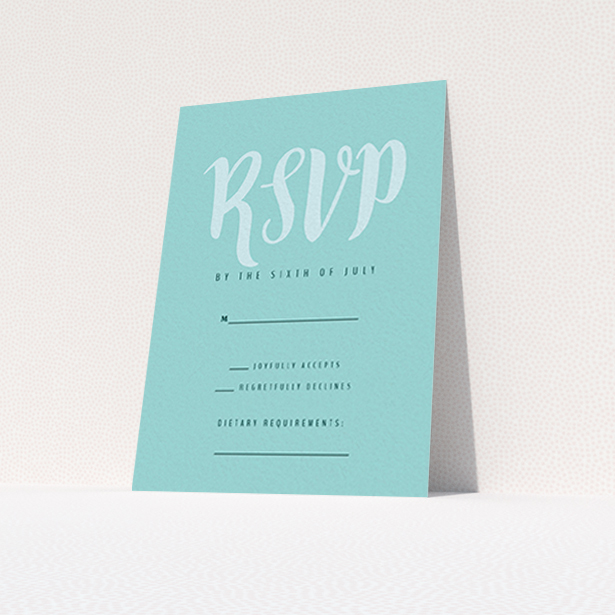 A wedding rsvp card template titled "Pastel Blue Typography". It is an A7 card in a portrait orientation. "Pastel Blue Typography" is available as a flat card, with tones of blue and green.