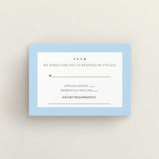 Wedding Response Card - Pastel Flower Border (Light Blue) A wedding rsvp card design called "Pastel flower border". It is an A7 card in a landscape orientation. "Pastel flower border" is available as a flat card, with mainly blue colouring.