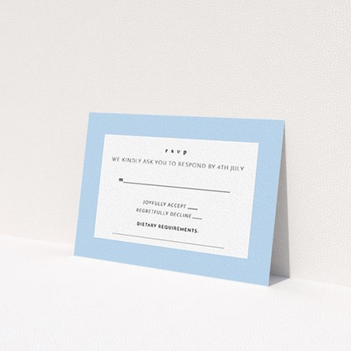 A wedding rsvp card design called 'Pastel flower border'. It is an A7 card in a landscape orientation. 'Pastel flower border' is available as a flat card, with mainly blue colouring.