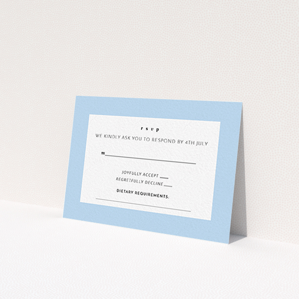 A wedding rsvp card design called "Pastel flower border". It is an A7 card in a landscape orientation. "Pastel flower border" is available as a flat card, with mainly blue colouring.