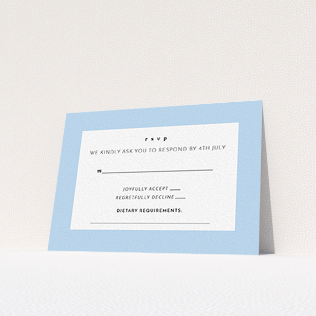 A wedding rsvp card design called "Pastel flower border". It is an A7 card in a landscape orientation. "Pastel flower border" is available as a flat card, with mainly blue colouring.