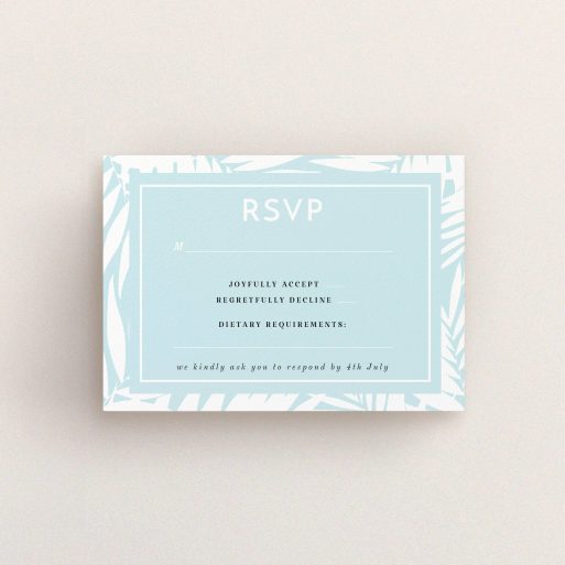 Wedding RSVP Card Design Design - "Pastel Jungle" A wedding rsvp card template titled "Pastel Jungle". It is an A7 card in a landscape orientation. "Pastel Jungle" is available as a flat card, with tones of blue and white.