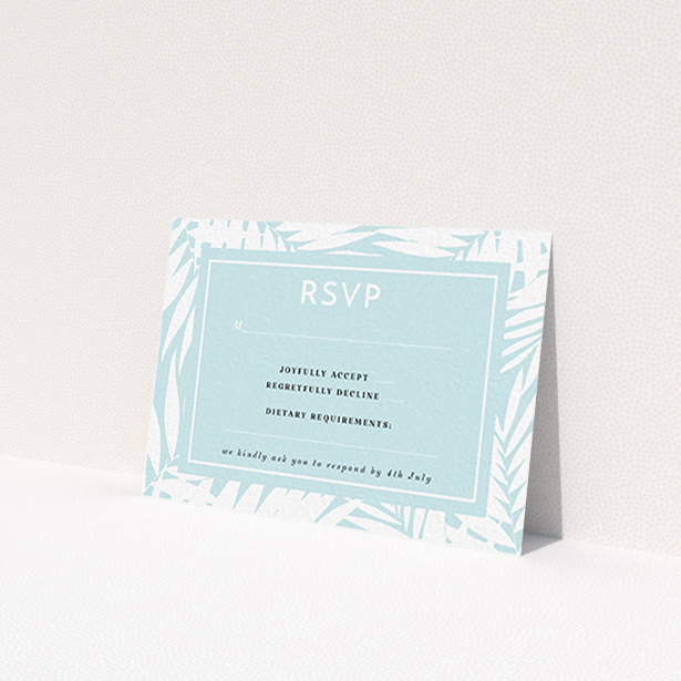 A wedding rsvp card template titled "Pastel Jungle". It is an A7 card in a landscape orientation. "Pastel Jungle" is available as a flat card, with tones of blue and white.