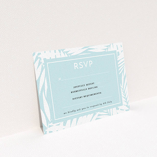 A wedding rsvp card template titled "Pastel Jungle". It is an A7 card in a landscape orientation. "Pastel Jungle" is available as a flat card, with tones of blue and white.