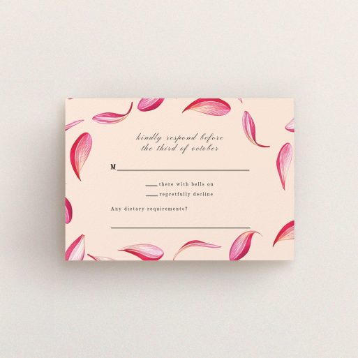 Wedding RSVP Card Design Design - "Petal avalanche" A wedding rsvp card named "Petal avalanche". It is an A7 card in a landscape orientation. "Petal avalanche" is available as a flat card, with tones of pink, red and white.