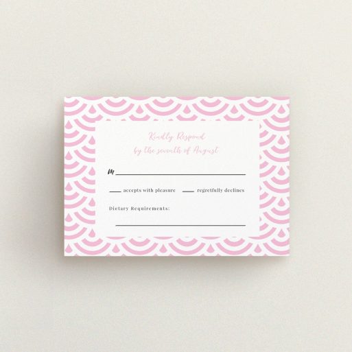 Wedding RSVP Card Design Design - "Pink Fans" A wedding rsvp card named "Pink Fans". It is an A7 card in a landscape orientation. "Pink Fans" is available as a flat card, with tones of pink and white.