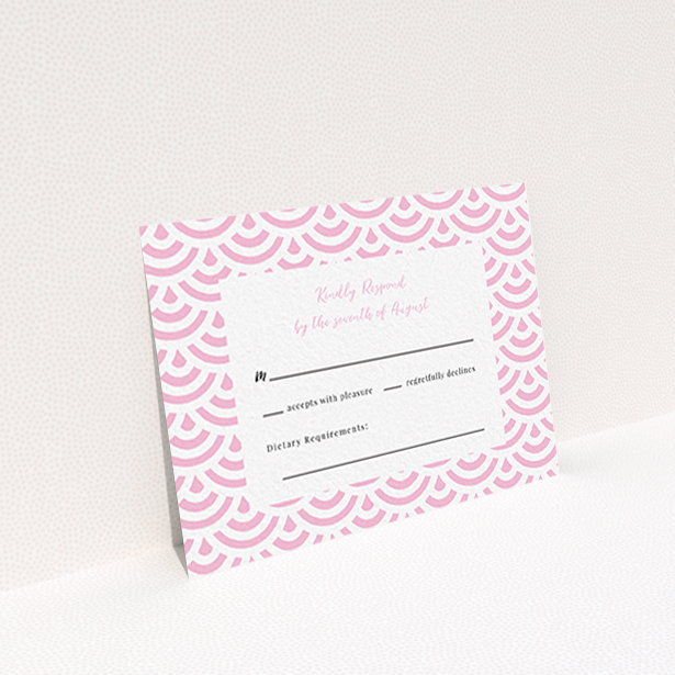 A wedding rsvp card named "Pink Fans". It is an A7 card in a landscape orientation. "Pink Fans" is available as a flat card, with tones of pink and white.