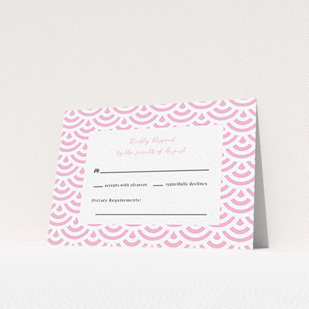 A wedding rsvp card named "Pink Fans". It is an A7 card in a landscape orientation. "Pink Fans" is available as a flat card, with tones of pink and white.