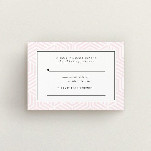 A wedding rsvp card template titled "Pink geometric maze". It is an A7 card in a landscape orientation. "Pink geometric maze" is available as a flat card, with tones of pink and white.