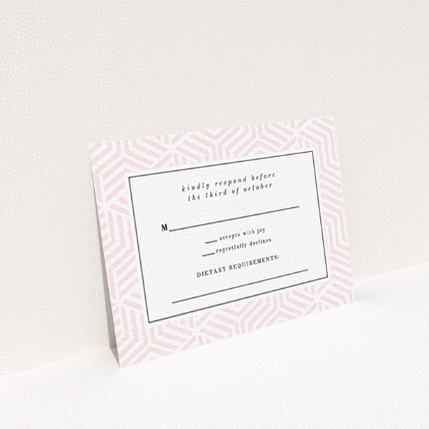 A wedding rsvp card template titled "Pink geometric maze". It is an A7 card in a landscape orientation. "Pink geometric maze" is available as a flat card, with tones of pink and white.