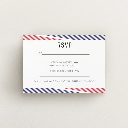 Wedding RSVP Card Design Design - "Preppy Lines" A wedding rsvp card design named "Preppy Lines". It is an A7 card in a landscape orientation. "Preppy Lines" is available as a flat card, with tones of red and blue.