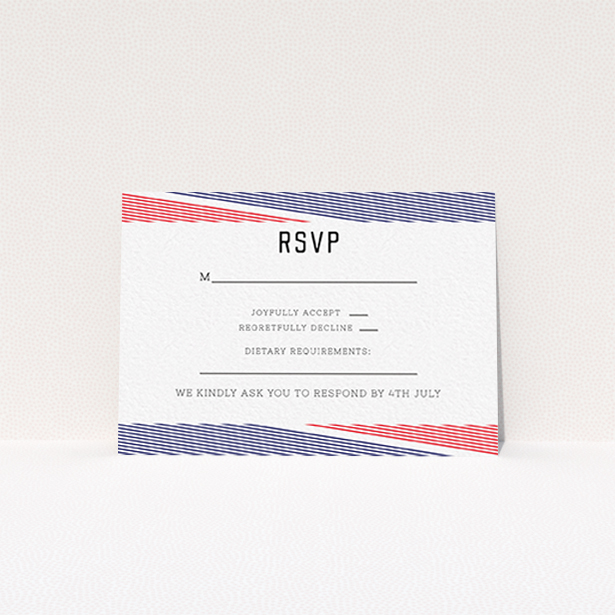 A wedding rsvp card design named "Preppy Lines". It is an A7 card in a landscape orientation. "Preppy Lines" is available as a flat card, with tones of red and blue.
