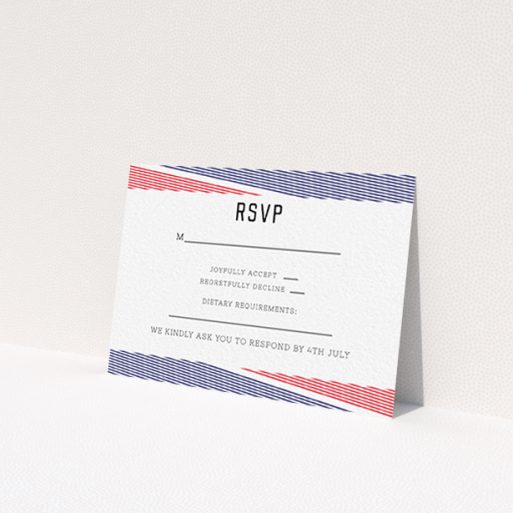 A wedding rsvp card design named 'Preppy Lines'. It is an A7 card in a landscape orientation. 'Preppy Lines' is available as a flat card, with tones of red and blue.