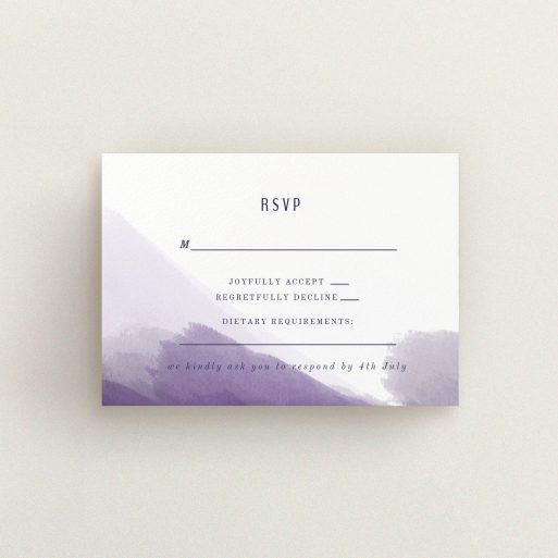 Wedding RSVP Card Design Design - "Purple halftone" A wedding rsvp card design named "Purple halftone". It is an A7 card in a landscape orientation. "Purple halftone" is available as a flat card, with mainly purple/dark pink colouring.