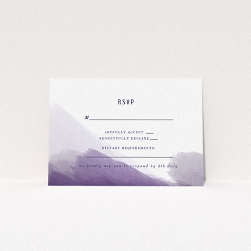 A wedding rsvp card design named "Purple halftone". It is an A7 card in a landscape orientation. "Purple halftone" is available as a flat card, with mainly purple/dark pink colouring.