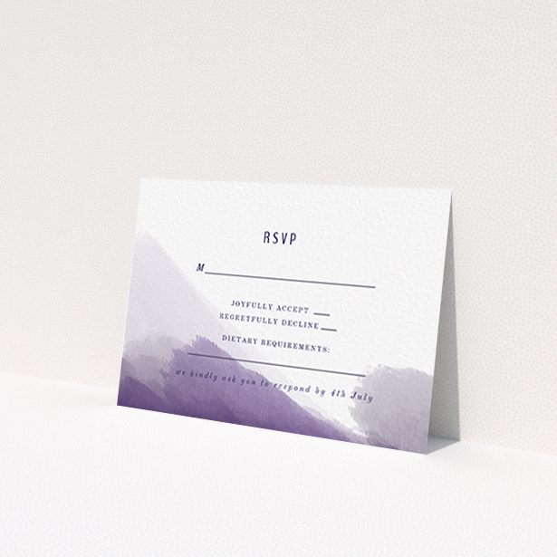 A wedding rsvp card design named 'Purple halftone'. It is an A7 card in a landscape orientation. 'Purple halftone' is available as a flat card, with mainly purple/dark pink colouring.