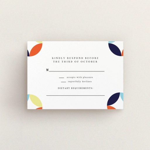 Wedding RSVP Card Design Design - "Round and Round" A wedding rsvp card named "Round and Round". It is an A7 card in a landscape orientation. "Round and Round" is available as a flat card, with mainly light blue colouring.
