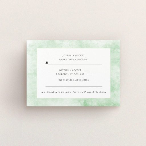 Wedding RSVP Card Design Design - "Rustic Green" A wedding rsvp card named "Rustic Green". It is an A7 card in a landscape orientation. "Rustic Green" is available as a flat card, with tones of green and white.
